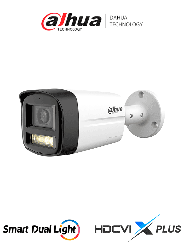 Cámara Metalica Bullet de 2 MP HDCVI X PLUS Lente de 2.8mm Apertura de Hasta 111° Audio Bidireccional Iluminador Dual Inteligente Hasta 40m + Plastico - DH-HAC-HFW1200TLMN-IL-T