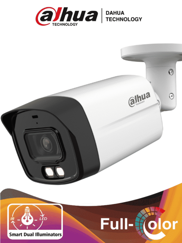 Cámara Bullet de 2 Megapíxeles Iluminación Dual Inteligente + Full Color Lente de 2.8mm 102 Grados de Apertura 40 Metros de IR y Luz Visible Microfono Integrado DWDR IP67 Soporta: CVI/CVBS/AHD/TVI - DH-HAC-HFW1200TLMN-IL-A