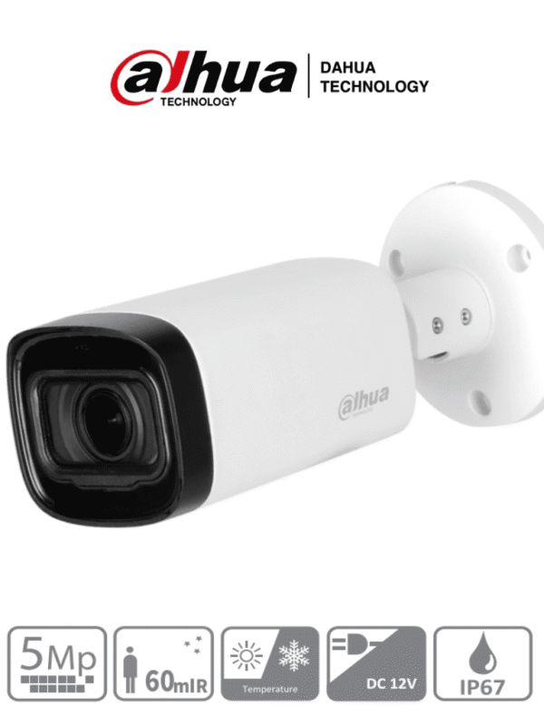 Camara Metálica Bullet de 5 Megapixeles Lente Motorizado de 2.7 a 12 mm IR de 60 Mts IP67 BLC HLC DWDR Soporta: CVI/CVBS/AHD/TVI - DH-HAC-HFW1500RN-Z-IRE6-2712-S2
