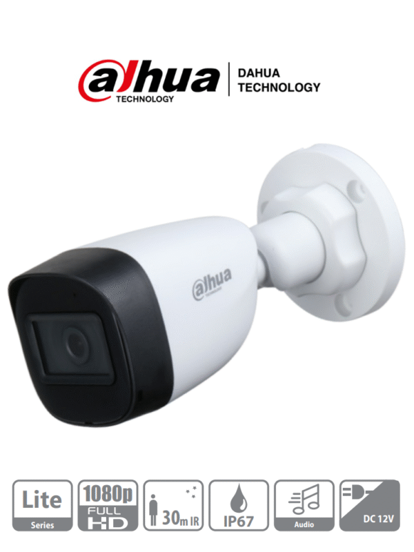 Cámara Bullet 1080p Micrófono Integrado Lente de 2.8mm 30 Mts de Ir IP67 Policarbonato CVI/CVBS/AHD/TVI BLC HLC DWDR - DH-HAC-HFW1200CN-A-0280B-S5