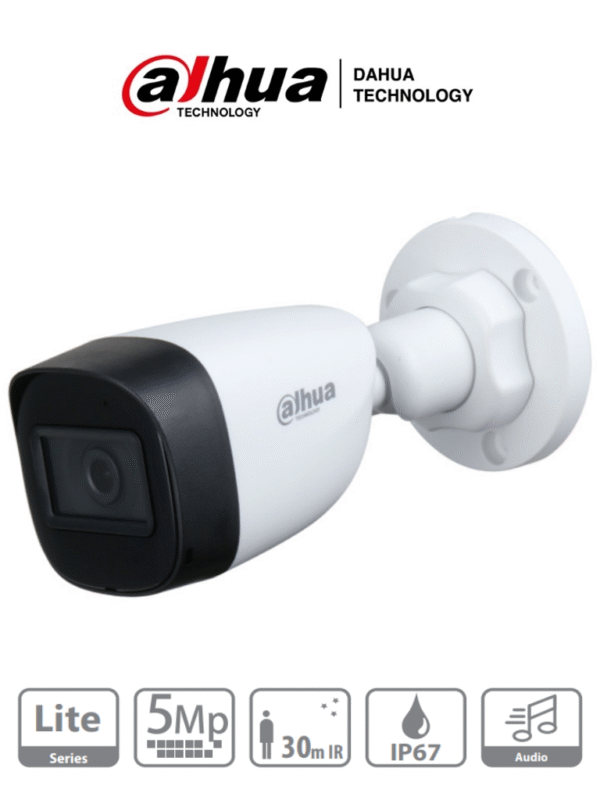 Camara Bullet de 5 Megapixeles Microfono Integrado Lente de 2.8mm 111 Grados de Apertura IR de 30 Mts Starlight IP67 CVI/CVBS/AHD/TVI - DH-HAC-HFW1500CN-A-0280B-S2