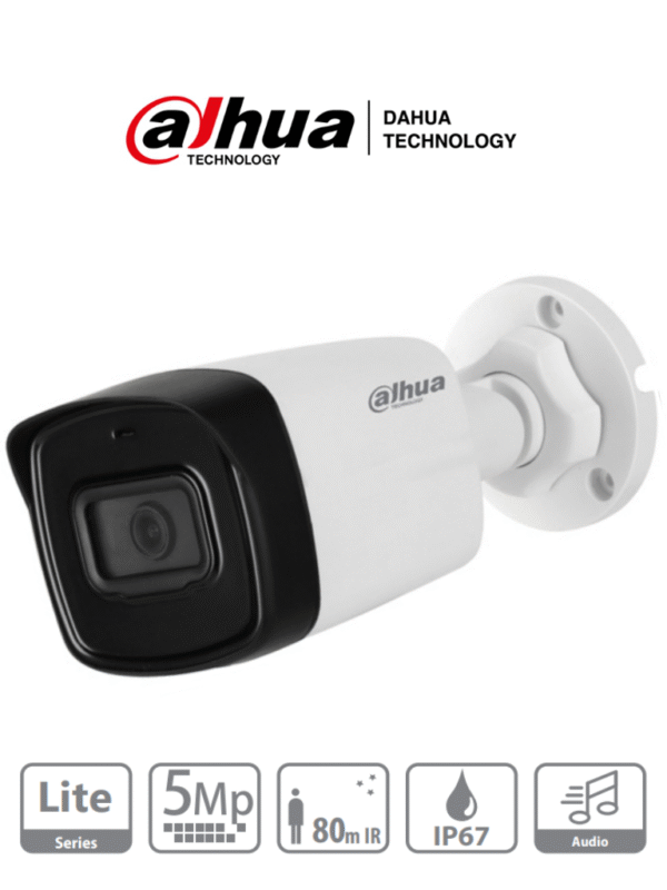 Camara Bullet de 5 Megapixeles Microfono Integrado Lente de 2.8mm IR de 80 Mts IP67 Starlight CVI/CVBS/AHD/TVI - DH-HAC-HFW1500TLN-A-0280B-S2