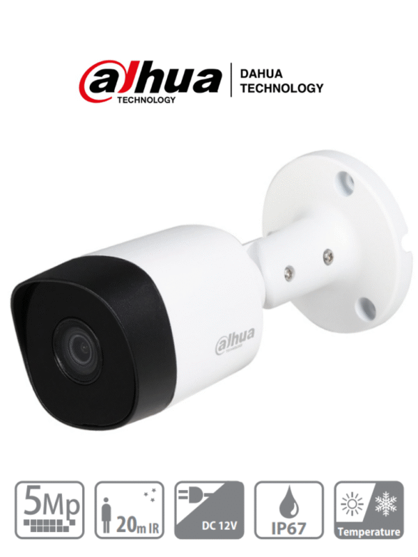 Cámara bullet de 5 MP con lente de 2.8mm y ángulo de visión de 106° Incorpora IR de 20 m para visión nocturna resistente IP67 y materiales metálicos Compatible con CVI/CVBS/AHD/TVI - DH-HAC-B2A51N-0280B-S2