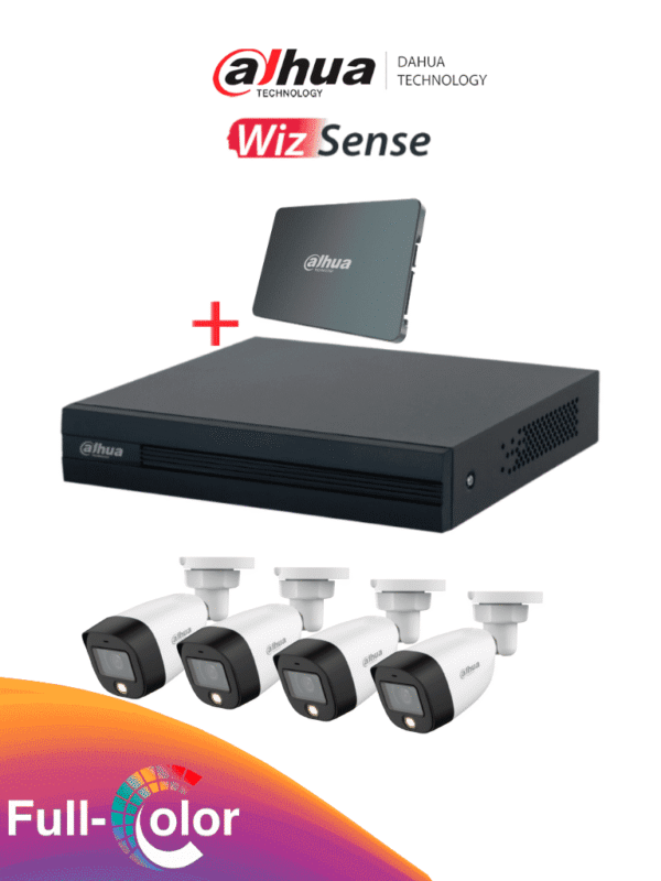 Kit Full Color de 4 Canales con SSD de 512GB 4 Camaras Full Color de 2 Megapixeles con Microfono DVR Cooper-I WizSense Con IA 4 Ch+1 IP - DH-KIT/XVR1B04-I-SSD(512G)/4-HFW1209CN-A-LED-0280B-S2