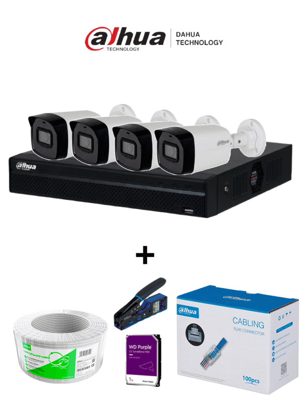 Kit IP con NVR NVR1104HS-P-S3 de 4 Canales 4 cámaras IPC-B1E20 Bobina de 100m Caja con 100 plugs Pinza de corte rj45 Disco Duro 1TB - DHI-NVR1104HS-P-S3/H + 4 DH-IPC-B1E20