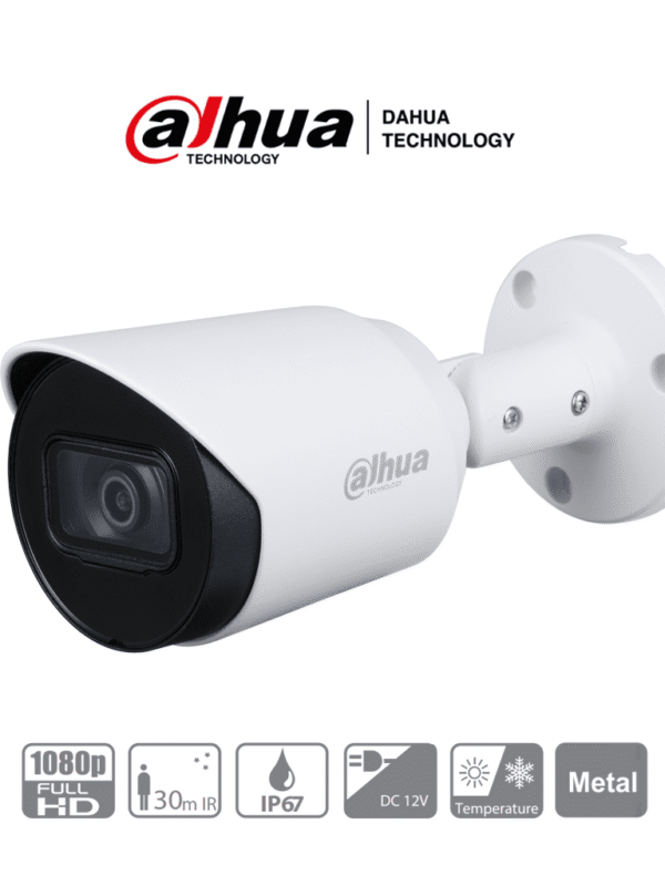 Camara Metalica Bullet de 2 Megapixeles Lente Fijo de 3.6mm 83 Grados de Apertura Smart IR 30 Metros IP67 BLC HLC DWDR TVI/AHD/CVBS - DH-HAC-HFW1200TN-0360B-S4