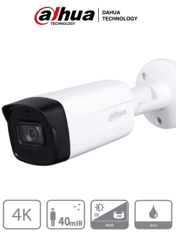 Cámara Bullet 4k 8 Megapixeles Lente de 2.8mm 106 Grados de Apertura 40 Metros de IR WDR Real de 120 dB Super Adapt IP67 Soporta: CVI/TVI/AHD/CVBS - DH-HAC-HFW1801THN-I4