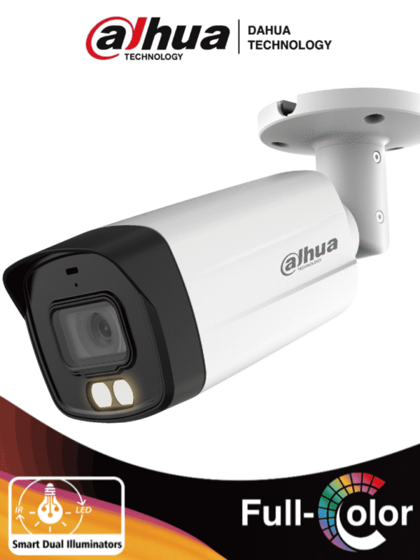 Cámara Bullet de 5 MP con Iluminador Dual Inteligente y Full Color Equipado con lente de 2.8mm y un ángulo de visión de 111° y con micrófono integrado Ofrece iluminación visible hasta 40 mts WDR de 130 dB - DH-HAC-HFW1509TMN-IL-A