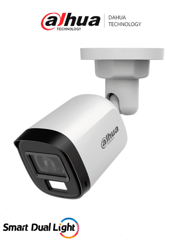 Cámara Bullet de 5 MP Serie Cooper Lente 2.8mm Apertura Hasta 106° Iluminación Dual Inteligente Iluminación Hasta 30Mts con IR +20Mts Luz Calida Micrófono Incorporado Plástico Para Exterior IP67 - DH-HAC-B1A51N-U-IL-A