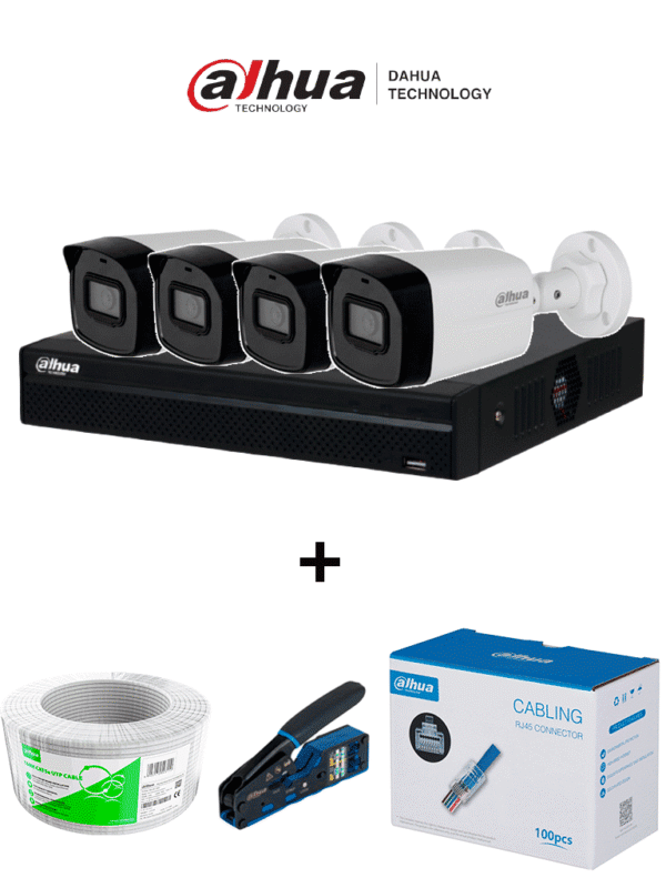 Kit IP con NVR NVR1104HS-P-S3 de 4 Canales y llévate mas 4 cámaras IPC-B1E20 Bobina de 100 metros Caja con 100 Plugs Pinza de corte de Plugs *No incluye disco duro - DHI-NVR1104HS-P-S3/H + DH-IPC-B1E20