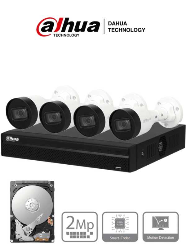 Kit IP de 4 canales con NVR con 4 puertos PoE 1TB de almacenamiento y 4 cámaras bullet de 2MP con IR de 30 metros y clasificación IP67 para exteriores Ideal para una vigilancia eficiente y robusta - DH-KIT/NVR1104HS-P-S3/H-1T/4-HFW1230S1P-0280B-S5-QH2