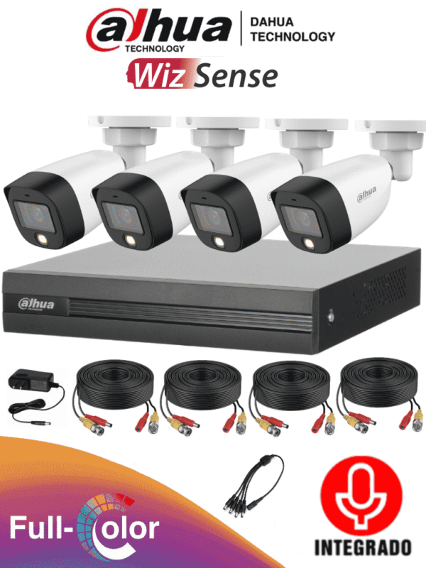 Kit de 4 Canales Full Color 2 MP con Audio y DVR Cooper-I WizSense Incluye 4 cámaras Full Color 2 MP con micrófono integrado Sistema de 4 canales más 1 IP y 4 SMD Plus Incluye accesorios y búsqueda de humanos con IA - DH-KIT/XVR1B04-I/4-HFW1239CN-A-LED-0280B