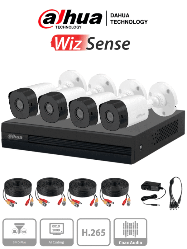 Kit de 4 canales con cámaras B1A11 de 1 MP lente de 2.8mm y ángulo de visión 93° Soporta 4 canales más 1 IP o hasta 5 canales IP tecnología SMD Plus búsqueda de humanos y vehículos - DH-KIT/XVR1B04-I/4-B1A11N-0280B