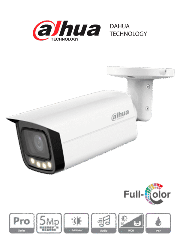 Cámara Bullet Full Color de 5 Megapíxeles Lente de 2.8mm 111 Grados de Apertura 60 Metros de Iluminación Micrófono integrado WDR real 120dB 3D NR Super Adapt Micrófono integrado CVI/CVBS/AHD/TVI IP67 - DH-HAC-HFW2509TUN-A-LED