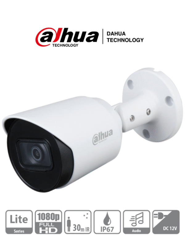 Cámara Metálica Bullet HDCVI 1080p micrófono integrado lente 2.8mm ángulo de visión de 103° IR 30 m IP67 carcasa DWDR BLC HLC Ideal para vigilancia con alta definición y resistencia en exteriores - DH-HAC-HFW1200TN-A-0280B-S4