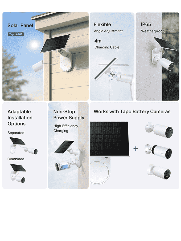 Panel solar Energía Solar Utiliza energía solar gratuita y limpia para proporcionar un suministro de energía constante para tus cámaras Tapo alimentadas por batería Instalación Sencilla - TAPO A201 - Imagen 2