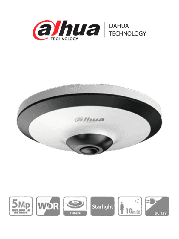 DH-HAC-EW2501N - Cámara Fisheye HDCVI 5 MP visión 360° IR 10 m WDR real 120dB micrófono integrado Ideal para uso interior con tecnología Starlight para baja luz y reducción de ruido 2D 3D Ofrece vigilancia detallada y nítida en todas condiciones - DH-HAC-EW2501N