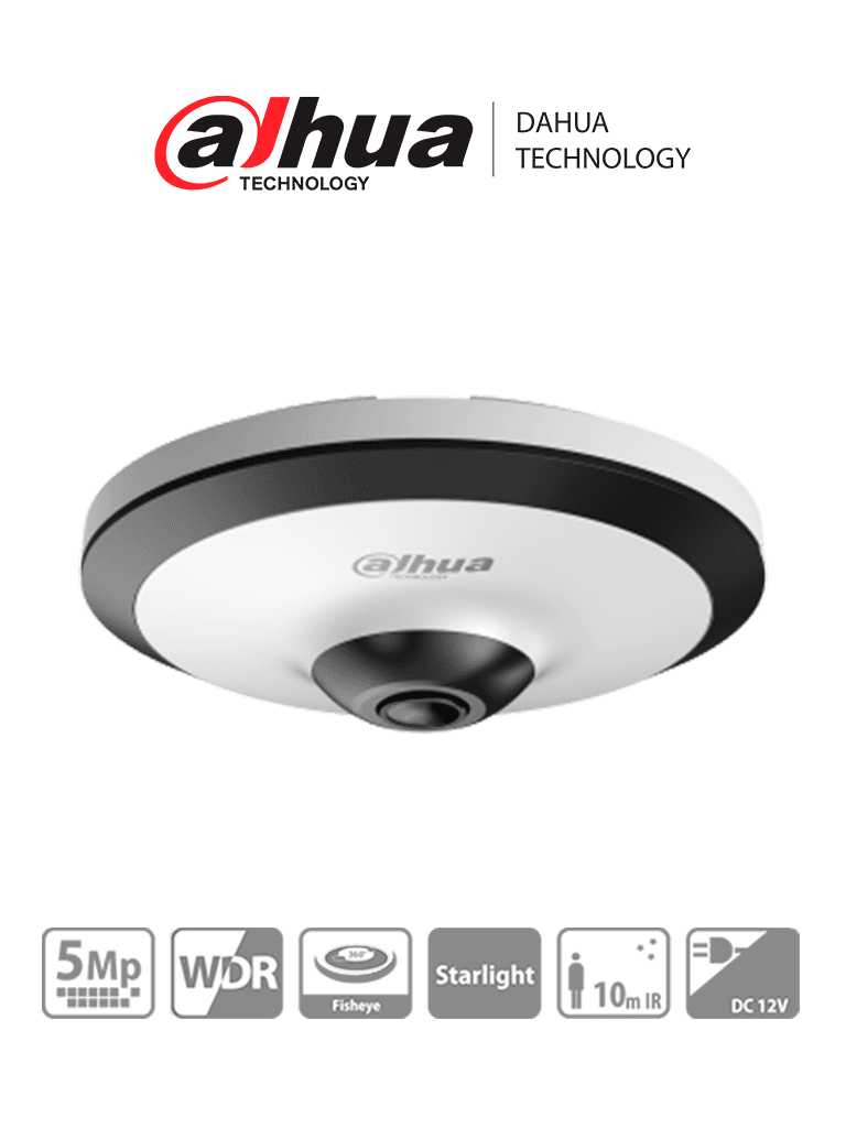 DH-HAC-EW2501N - Cámara Fisheye HDCVI 5 MP visión 360° IR 10 m WDR real 120dB micrófono integrado Ideal para uso interior con tecnología Starlight para baja luz y reducción de ruido 2D 3D Ofrece vigilancia detallada y nítida en todas condiciones - DH-HAC-EW2501N