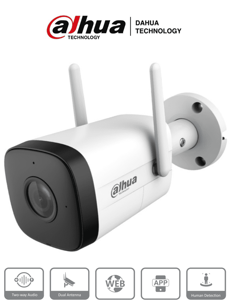 Cámara IP Bullet Wifi de 2 Megapixeles Lente de 2.8mm 100 Grados de Apertura IR de 30 Metros H.265 Microfono y Altavoz Integrados Ranura MicroSD IP67 Detección de Movimiento - DH-IPC-HFW1230DT-STW