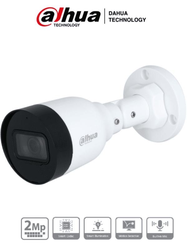 Cámara IP Bullet de 2MP lente de 2.8mm ángulo de visión de 102 grados micrófono integrado compresión H.265+ IR de 30m protección IP67 PoE DWDR - DH-IPC-HFW1230S1-A-S5