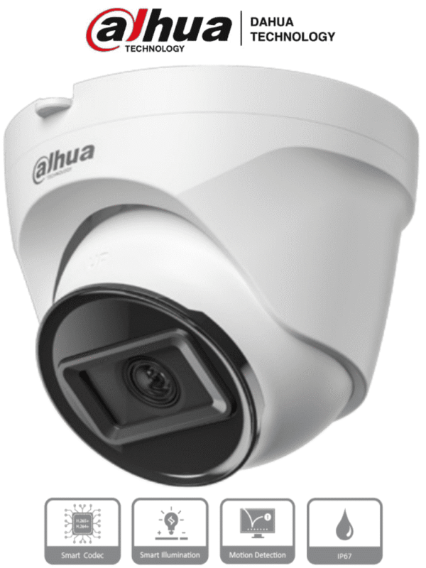 Camara IP Domo de 2 MP lente de 2.8mm y 99° de visión Alcance IR de 30 m protección IP67 y alimentación PoE Funciones avanzadas: DWDR 3D NR HLC BLC y compresión H.265+ Ideal para videovigilancia confiable - DH-IPC-T1E20