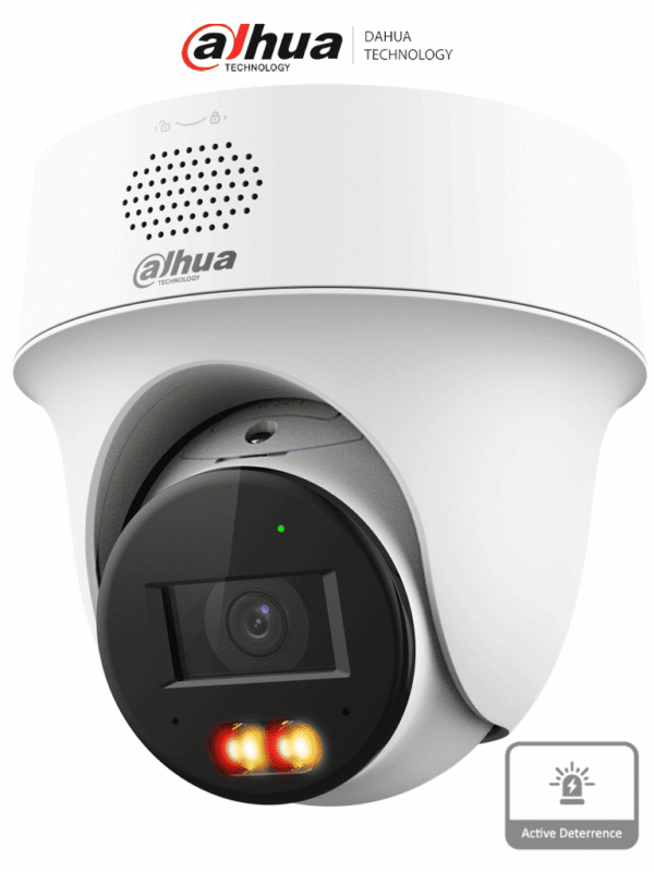 Cámara PT IP domo de 2 Megapixeles Lente de 2.8mm 30 Metros de Iluminación Dual Inteligente Audio dos vías Detección de humanos y vehículos Protección Perimetral Disuasión activa PoE IP66 - DH-IPC-PT1239H-PV