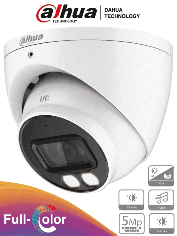 Cámara Domo Full Color de 5 MP con lente de 3.6 mm y micrófono integrado Ofrece iluminación LED hasta 40 metros tecnología Starlight y resistencia al agua IP67 - DH-HAC-HDW1509TN-A-LED-0360B
