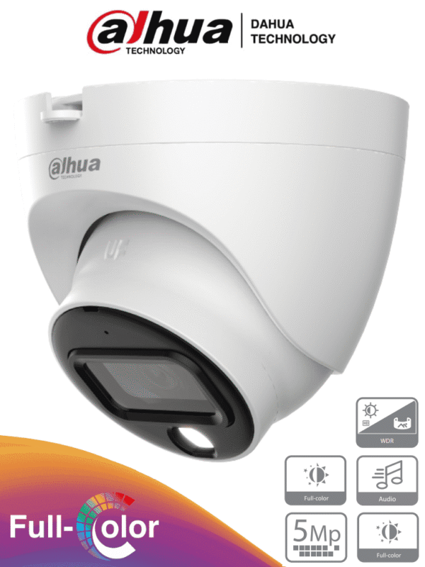 Cámara Domo Full Color de 5 MP con micrófono integrado y lente de 3.6 mm con 88° de apertura Ofrece imagen a color 24 7 WDR real de 120 dB LEDs para 20 metros Resistente al agua con clasificación IP67 - DH-HAC-HDW1509TLQN-A-LED-0360B-S2