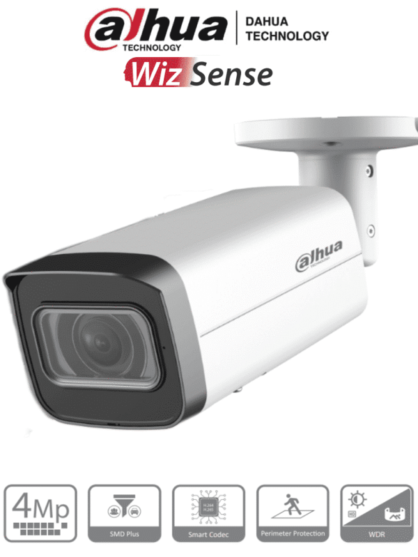 Camara IP Bullet de 4 Megapixeles Lente Motorizado de 2.7 a 13.5 mm WizSense IR de 60 Metros SMD Plus Protección Perimetral Ranura para MicroSD IP67 Ik10 - DH-IPC-HFW2441T-ZS
