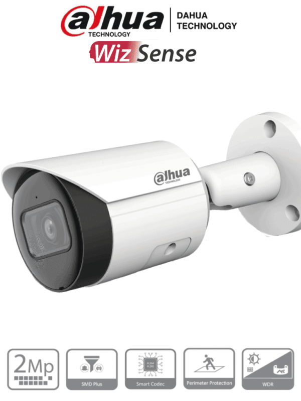 Camara IP Bullet de 2 Megapixeles Lente de 2.8mm WizSense 107 Grados de Apertura IR de 30 Metros SMD Plus Microfono Integrado PoE Ranura para MicroSD IP67 WDR Real de 120 dB - DH-IPC-HFW2241S-S