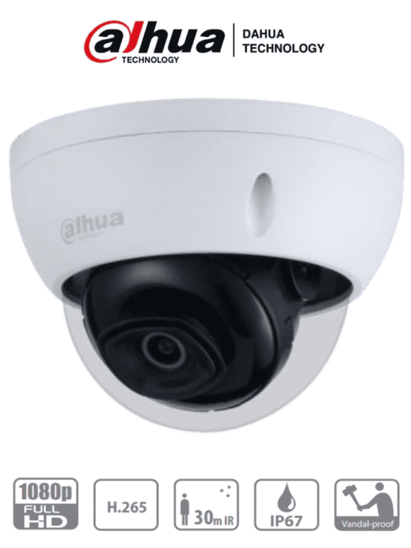 Cámara IP Domo Antivandalica de 2 Megapixeles Lente de 2.8mm 104 Grados de Apertura Metalica IR de 30 Mts IP67 IK10 PoE DWDR - DH-IPC-HDBW1230EN-0280B-S4