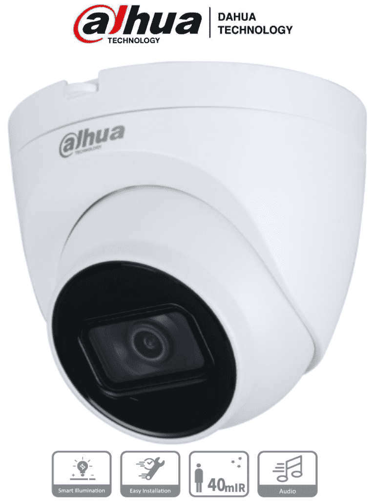 Cámara Metalica y policarbonato domo Dahua de 2 MP con lente de 2.8mm ángulo de 102 grados IR de 40 m micrófono integrado instalación rápida DWDR IP67 y diseño en - DH-HAC-HDW1200TQP-A