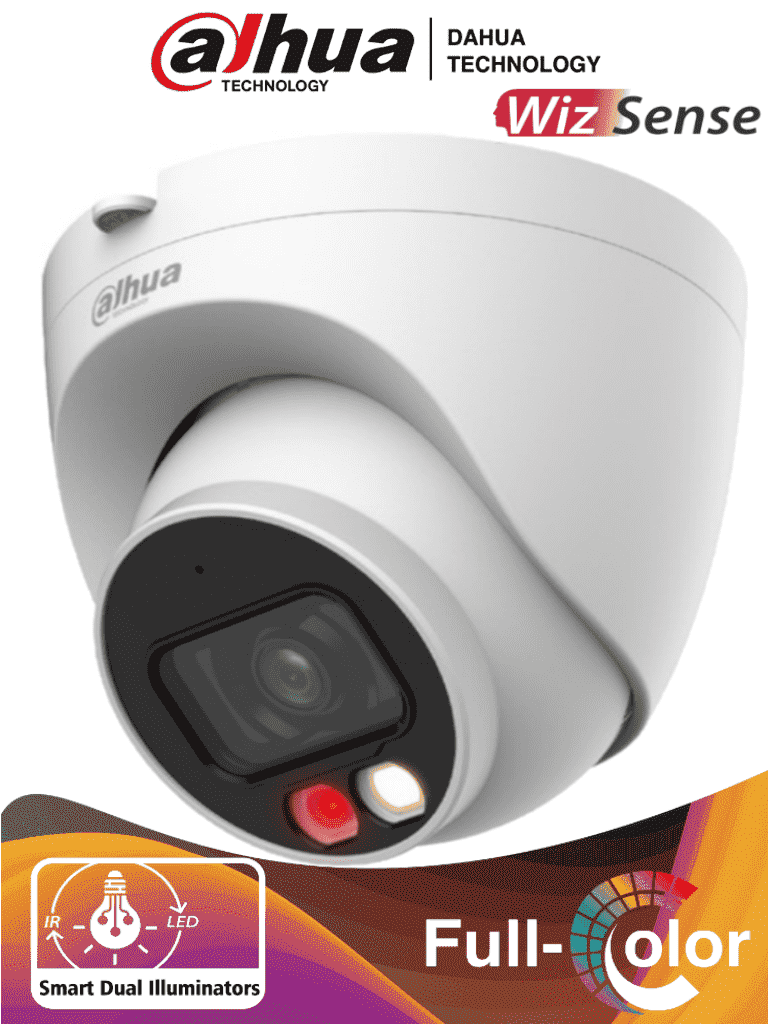 Cámara IP Domo de 2 Megapixeles Con Iluminador Dual Inteligente+Full Color WizSense Lente de 2.8mm 107 Grados de Apertura 30 Mts de IR y Luz Visible Microfono Integrado WDR Ranura para Micro SD SMD Plus PoE - DH-IPC-HDW2249T-S-IL