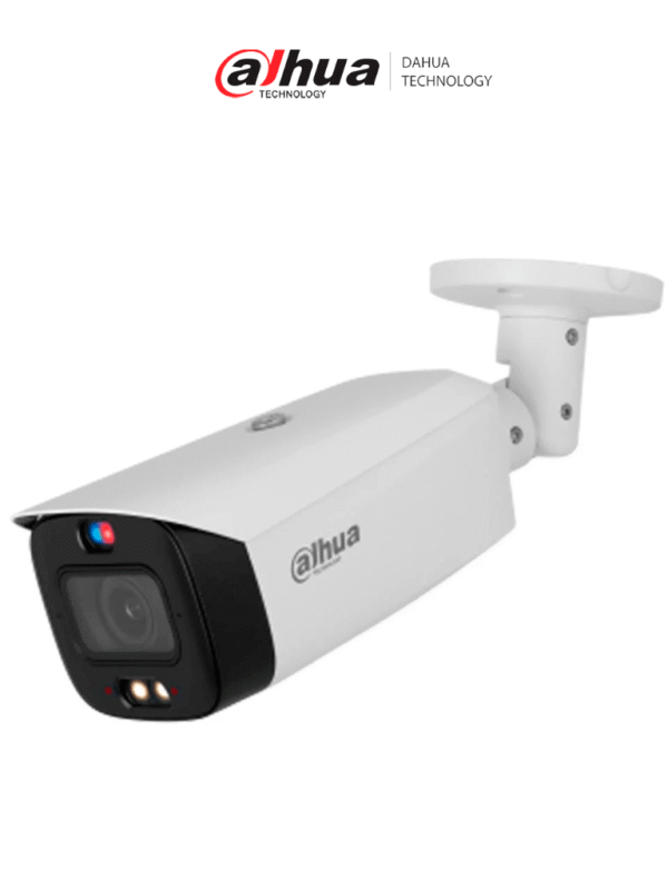 Cámara IP Bullet TiOC 4k 8 Megapixeles Acupick WizSense 2.8mm Iluminador Dual 30 Metros de Luz Visible e IR Sirena y Estrobo con Luz Roja y Azul SMD 4.0 Micrófono Integrado Ranura MicroSD PoE - DH-IPC-HFW3849T1-AS-PV