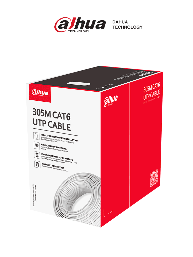 Bobina de Cable UTP Cat 6 100% Cobre Color Blanco 305 Metros para Interior Ideal para Redes y Video Certificado CPR Eca Retardante Estandares Q/DXJ 067-2019 EN50575-2014 LSZH - DH-PFM920I-6UN-C