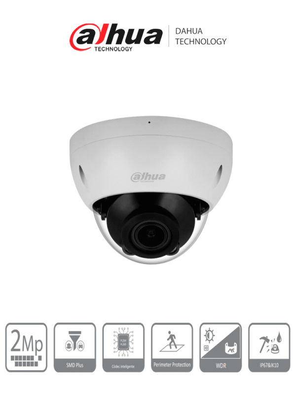 Cámara Domo IP de 2 MP Lente Mot 2.7 mm–13.5 mm H.265+ IR de 40 Mts WDR Real Protección Perimetral Videoanaliticos SMD Plus Ranura para MicroSD IP67 IK10 PoE - DH-IPC-HDBW2241R-ZS