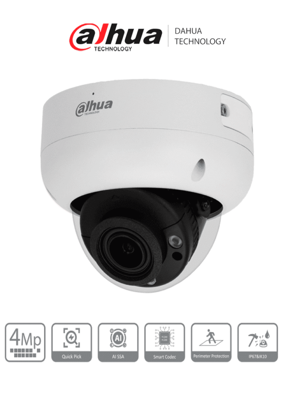 Cámara IP Domo de 4 MP WizSense Lente Varifocal IR hasta 40 mts SMD 4.0 Micrófono Ranura para Micro SD PoE IP67 E&S de Alarma - DH-IPC-HDBW3441R-ZAS-S2