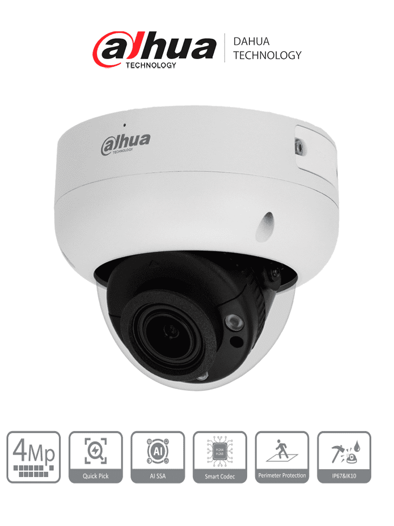 Cámara IP Domo de 4 MP WizSense Lente Varifocal IR hasta 40 mts SMD 4.0 Micrófono Ranura para Micro SD PoE IP67 E&S de Alarma - DH-IPC-HDBW3441R-ZAS-S2