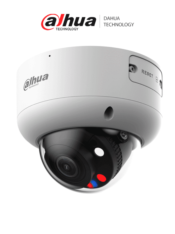 Camara IP Domo de 5 Megapixeles TiOC Luz azul y roja Iluminadores Duales Inteligentes 40m IR 50m 113° Lente Motorizado 2.7 mm–13.5 mm H.265+ SMD Ranura Micro SD PoE IP67 E&S de Alarma y Audio IK10 - DH-IPC-HDBW3549R1-ZAS-PV