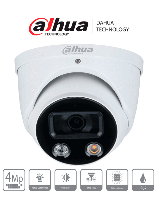 Camara IP Domo TiOC de 4 Megapixeles WizSense Lente de 2.8mm Angulo de 101 Grados Iluminador Dual Sirena Estrobo Azul y Rojo IR 30m SMD 4.0 Microfono Integrado Ranura MicroSD IP67 PoE - DH-IPC-HDW3449H-AS-PV