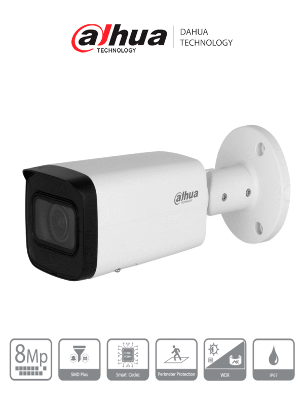 Cámara IP Bullet de 8 Megapíxeles Motorizado IR de 60 Mts 113° H.265+ SMD+ Protección Perimetral Ranura para MicroSD WDR 3D NR HLC BLC IP67 - DH-IPC-HFW2841T-ZS