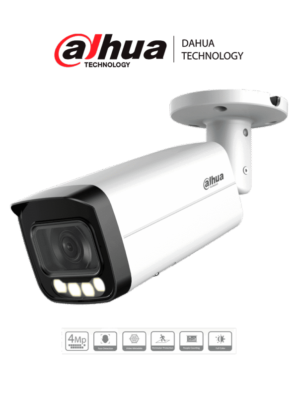 Cámara IP Bullet Full Color de 4 MP Lente de 2.8mm 40 m ir Micrófono Integrado Detección Facial Conteo de Personas Protección Perimetral SMD 3.0 e PoE IP67 E&S de Alarma Ranura para MicroSD Acu Pick - DH-IPC-HFW5449T-ASE-LED