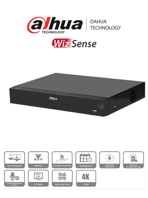 DVR de 4 canales 4K con WizSense y compresión H.265+ Admite 4 canales IP adicionales (hasta 8 en total) 1 canal de reconocimiento facial SMD Plus E/S de alarmas y 1 bahía para disco duro Perfecto para seguridad avanzada - DH-XVR5104HE-4KL-I3