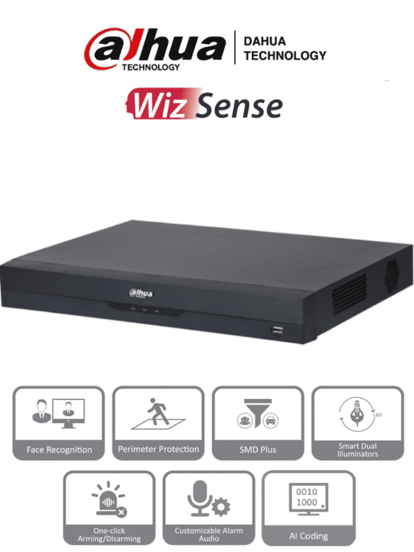 DVR de 16 Canales de 5 Megapíxeles Lite WizSense H.265+ 2 Bahías de Discos Duros 16 Canales + 8 Canales IP Hasta 24 Ch IP 2 Canales de Reconocimiento Facial Codificación IA SMD Plus Proteccion Perimetral - DH-XVR5216AN-I3