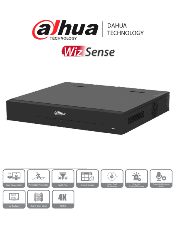DVR de 16 canales resolución 4K WizSense H.265+ IA avanzada 4 bahías para discos duros soporte para 16 canales IP adicionales (32 en total) 2 canales de reconocimiento facial SMD Plus y funciones IoT y POS - DH-XVR5416L-4KL-I3