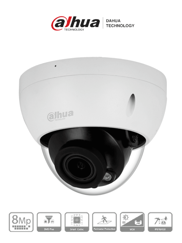 Cámara IP Domo Antivandálica de 8MP con lente motorizado 2.7-13.5mm IR 40m IA WizSense detección de movimiento inteligente protección perimetral Starlight PoE WDR H.265+ IP67 IK10 - DH-IPC-HDBW2841R-ZS