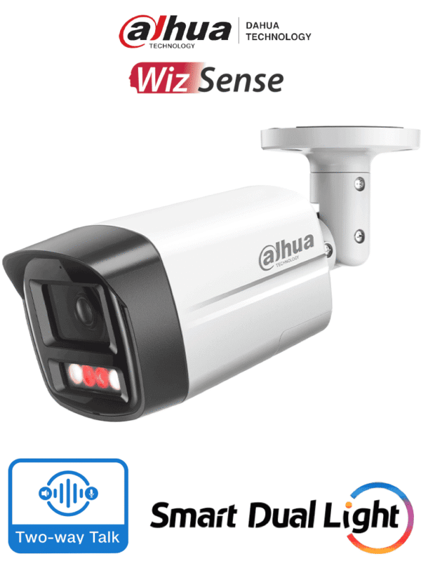 Cámara IP Bullet de 5 Megapixeles con Iluminador Dual y Disuasión Activa Sirena y Estrobo Lente de 2.8mm 111 Grados de Apertura WizSense 30 Metros de IR y Luz Visible WDR Real PoE Audio Bidireccional Ranura MicroSD - DH-IPC-HFW2549TL-S-PV