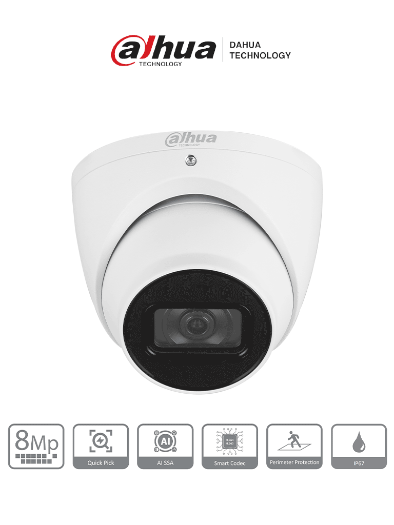 Cámara IP Domo de 8 MP con diseño Eyeball lente 2.8mm y tecnología WizSense Ofrece visión nocturna con IR de 30m SMD 4.0 y AI SSA para análisis inteligente Incluye ranura para MicroSD y protección IP67 soportando PoE - DH-IPC-HDW3841EM-S-S2