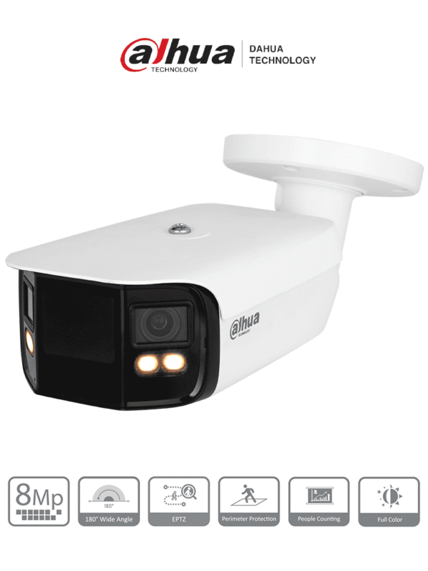 Cámara IP Bullet 4K con multivisión en color LED de 40 m y ángulo de 180° Tecnología H.265 WDR ROI y SMD 4.0 Resistente al agua (IP67) con audio y alarma E&S para una vigilancia avanzada y detallada - DH-IPC-PFW5849-A180-E2-ASTE