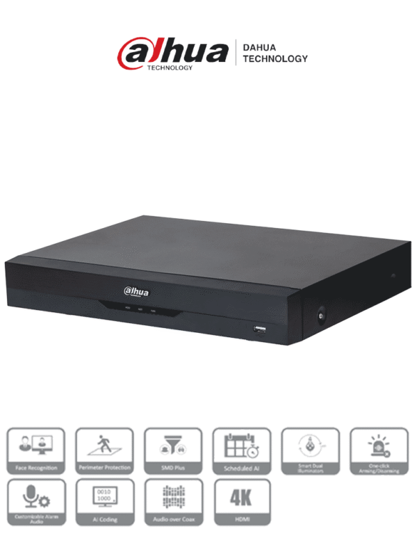 DVR 16 Canales 4K con IA WizSense H.265+ 16 Canales + 16 IP (32 Ch máx ) Reconocimiento Facial SMD Plus Protección Perimetral 16&3 E&S Alarma 1 Puerto SATA - DH-XVR5116HE-4KL-I3